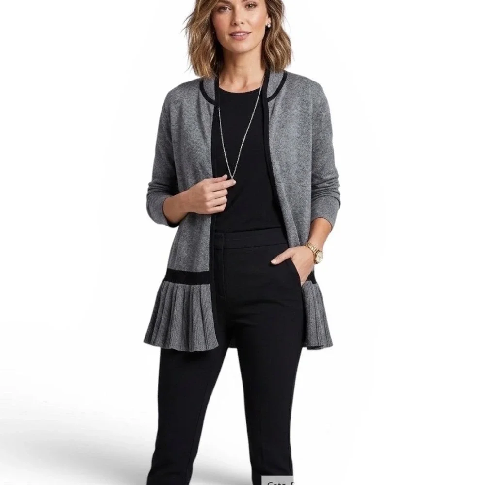 Cato Woman Gray Black Trim Pleated Peplum Open Front Cardigan Sweater 18/20W‎